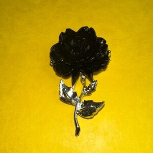 Elegant Black Rose Brooch Carved Flower blossom on a silver-toned stem, vintage.